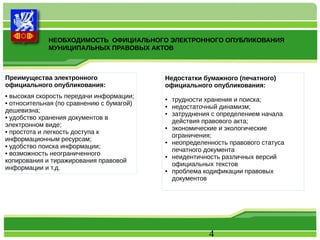 НЕОБХОДИМОСТЬ ОФИЦИАЛЬНОГО ЭЛЕКТРОННОГО ОПУБЛИКОВАНИЯ 
МУНИЦИПАЛЬНЫХ ПРАВОВЫХ АКТОВ 
4 
Преимущества электронного 
официального опубликования: 
• высокая скорость передачи информации; 
• относительная (по сравнению с бумагой) 
дешевизна; 
• удобство хранения документов в 
электронном виде; 
• простота и легкость доступа к 
информационным ресурсам; 
• удобство поиска информации; 
• возможность неограниченного 
копирования и тиражирования правовой 
информации и т.д. 
Недостатки бумажного (печатного) 
официального опубликования: 
● трудности хранения и поиска; 
● недостаточный динамизм; 
● затруднения с определением начала 
действия правового акта; 
● экономические и экологические 
ограничения; 
● неопределенность правового статуса 
печатного документа 
● неидентичность различных версий 
официальных текстов 
● проблема кодификации правовых 
документов 
 