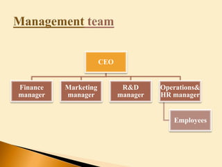 CEO
Finance
manager
Marketing
manager
R&D
manager
Operations&
HR manager
Employees
 