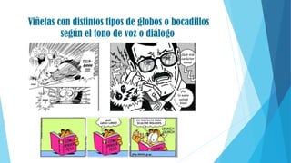 Viñetas con distintos tipos de globos o bocadillos
según el tono de voz o diálogo
 