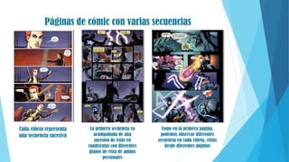 Páginas de cómic con varias secuencias
Cada viñeta representa
una secuencia sucesiva
La primera secuencia va
acompañada de una
sucesión de éstas en
cuadrículas con diferentes
planos de vista de ambos
personajes
Como en la primera página,
podemos observar diferentes
secuencia en cada viñeta, vistas
desde diferentes ángulos
 