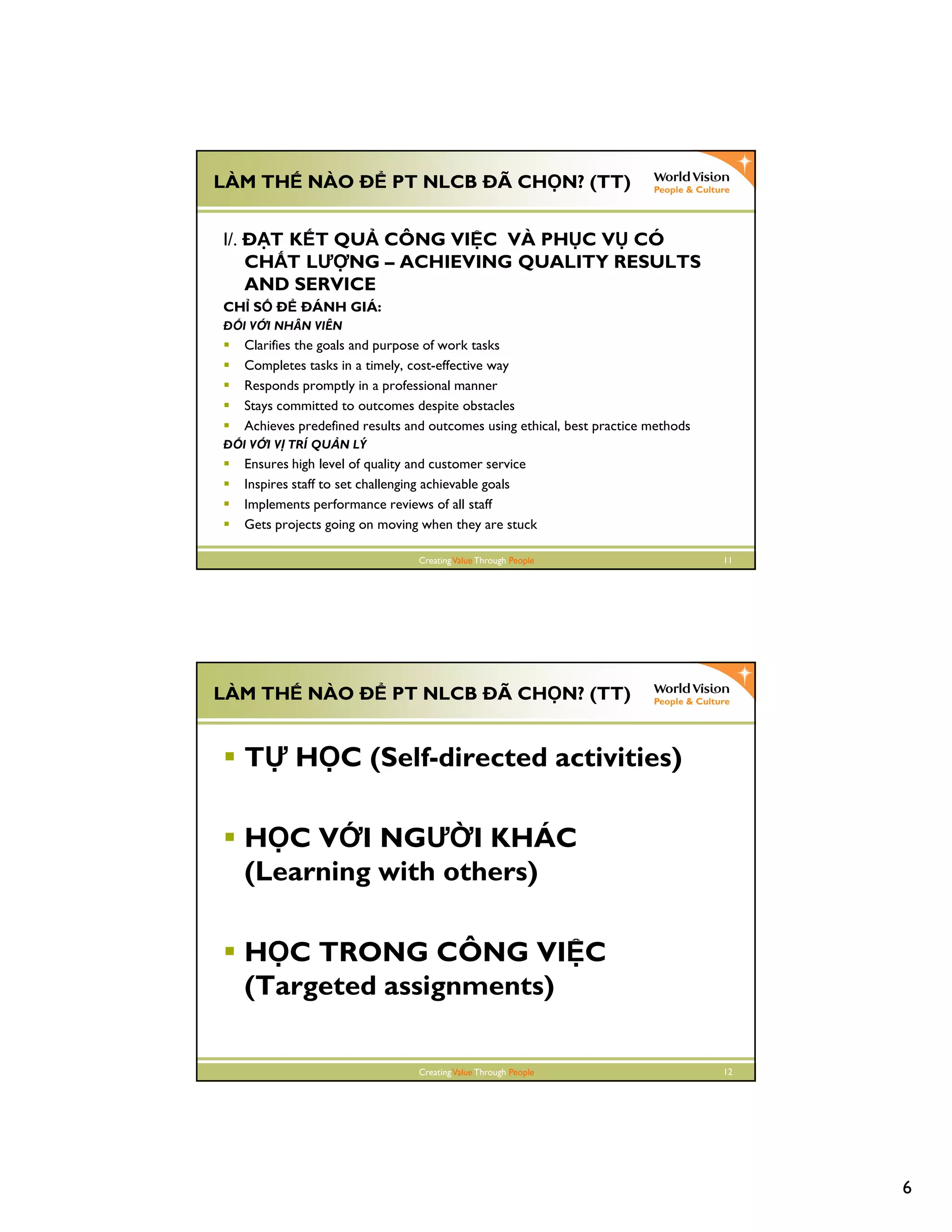 6
CreatingValue Through People 11
LÀM TH NÀO PT NLCB Ã CH N? (TT)
I/. T K T QU CÔNG VI C VÀ PH C V CÓ
CH T LƯ NG – ACHIEVING QUALITY RESULTS
AND SERVICE
CH S ÁNH GIÁ:
I V I NHÂN VIÊN
Clarifies the goals and purpose of work tasks
Completes tasks in a timely, cost-effective way
Responds promptly in a professional manner
Stays committed to outcomes despite obstacles
Achieves predefined results and outcomes using ethical, best practice methods
I V I V TRÍ QU N LÝ
Ensures high level of quality and customer service
Inspires staff to set challenging achievable goals
Implements performance reviews of all staff
Gets projects going on moving when they are stuck
CreatingValue Through People 12
LÀM TH NÀO PT NLCB Ã CH N? (TT)
T H C (Self-directed activities)
H C V I NGƯ I KHÁC
(Learning with others)
H C TRONG CÔNG VI C
(Targeted assignments)
 
