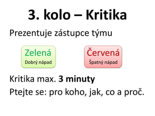 3. kolo – Kritika
Prezentuje zástupce týmu

    Zelená          Červená
    Dobrý nápad      Špatný nápad


Kritika max. 3 minuty
Ptejte se: pro koho, jak, co a proč.
 