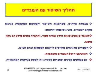 ‫תהליך השיפור עם העובדים‬

‫‪ ‬בעבודת צוותים, כשהצעות השיפור והפעולות המתקנות מגיעות‬
                                  ‫מקרב העובדים, משיגים כמה יתרונות:‬
‫‪‬העובדים מציפים את הידע שהיה סמוי, והחברה נהנית מידע רב שלא‬
                                                                    ‫מומש.‬
        ‫‪ ‬העובדים מרגישים מחויבים ליישום הפעולות שהם הציעו.‬
                                  ‫‪ ‬המוטיבציה של העובדים משתפרת.‬
‫‪ ‬גם בצוותים קטנים ובחברות קטנות ניתן לפעול בשיטות המתוארות.‬

            ‫‪B.Sc‬מצוינות בעסקים. נייד: 1357674-250‬ ‫זאב רונן‬
 ‫71‬                                                          ‫32 נובמבר, 1102‬
                 ‫‪zeev.ronen@business-excellence.co.il‬‬
 