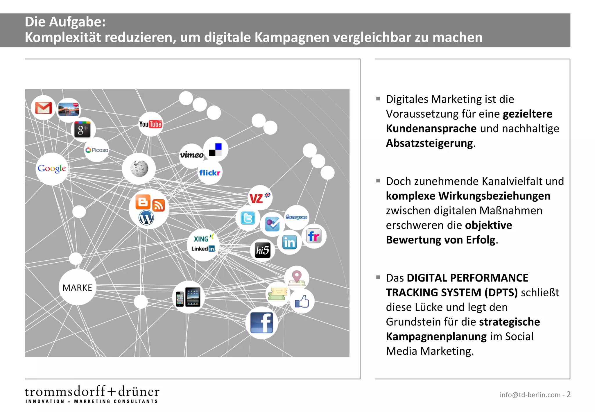 Die Aufgabe:
Komplexität reduzieren, um digitale Kampagnen vergleichbar zu machen


                                                     Digitales Marketing ist die
                                                      Voraussetzung für eine gezieltere
                                                      Kundenansprache und nachhaltige
                                                      Absatzsteigerung.


                                                     Doch zunehmende Kanalvielfalt und
                                                      komplexe Wirkungsbeziehungen
                                                      zwischen digitalen Maßnahmen
                                                      erschweren die objektive
                                                      Bewertung von Erfolg.


                                                     Das DIGITAL PERFORMANCE
                                                      TRACKING SYSTEM (DPTS) schließt
                                                      diese Lücke und legt den
                                                      Grundstein für die strategische
                                                      Kampagnenplanung im Social
                                                      Media Marketing.


                                                                           info@td-berlin.com - 2
 