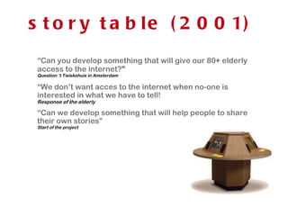 story table (2001) “ Can you develop something that will give our 80+ elderly access to the internet? ” Question ‘t Twiskehuis in Amsterdam “ We don’t want acces to the internet when no-one is interested in what we have to tell! Response of the elderly “ Can we develop something that will help people to share their own stories” Start of the project  