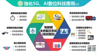 11
三 強化5G、AI數位科技應用2/2
再造管制區控管模式
➢ 加封點線上查核
➢ 進出站自動判讀
設置聯合管理中心
➢ 風險示警
➢ 查緝管理
➢ 即時攔檢
➢ 全時監控
建構貨櫃保全供應體系
➢ 培養第三方供應商
➢ 拖車自備車機封條
建構港區監控機制
➢ 路徑監控
➢ 逾時管理
建構跨港監控機制
➢ 延伸查緝範圍
➢ 降低管理成本
建立審核制度
➢ 線上審核驗證
➢ 人員登錄管理
物聯網
全時監控系統
(測試階段)
 