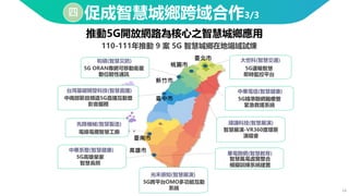 14
四 促成智慧城鄉跨域合作3/3
臺中市
臺南市
臺北市
高雄市
新竹市
桃園市
5G ORAN專網可移動衛星
數位韌性通訊
和碩(智慧災防)
智慧展演-VR360度環景
演唱會
緯謙科技(智慧展演)
5G跨平台OMO多功能互動
系統
光禾感知(智慧展演)
5G精準聯網醫療暨
緊急救護系統
中華電信(智慧健康)
電線電纜智慧工廠
先鋒機械(智慧製造)
5G高雄榮家
智慧長照
中華系整(智慧健康)
中南部節目頻道5G直播互動暨
影音服務
台灣基礎開發科技(智慧直播)
智慧風電虛實整合
模擬訓練系統建置
華電聯網(智慧教育)
5G運輸智慧
即時監控平台
大世科(智慧交通)
推動5G開放網路為核心之智慧城鄉應用
110-111年推動 9 案 5G 智慧城鄉在地場域試煉
 