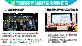 19
形塑國家新創品牌強化商機拓展1/2
四
註：相關計畫統計至111年8月底止
與新創社群、業界領袖及部會代表合作推薦9家
指標型新創(NEXT BIG) ，共同進軍國際市場
打造國家新創品牌 赴日舉辦歷年最大的新創活動
• 促成CoolBitX、Kdan、等 9家新創與
日本企業締結合作MOU
• 後續並帶動逾15案洽談投資或合作商
機，如瑞穗銀行、NTT等
 