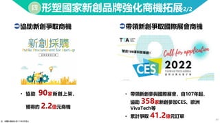 20
形塑國家新創品牌強化商機拓展2/2
四
註：相關計畫統計至111年8月底止
協助新創爭取商機 帶領新創爭取國際展會商機
• 協助 90家新創上架，
獲得約 2.2億元商機
• 帶領新創參與國際展會，自107年起，
協助 358家新創參加CES、歐洲
VivaTech等
• 累計爭取 41.2億元訂單
 