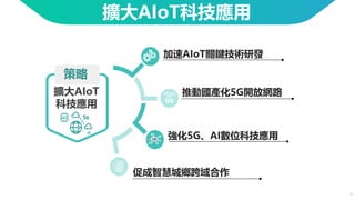 7
擴大AIoT
科技應用
策略
加速AIoT關鍵技術研發
推動國產化5G開放網路
強化5G、AI數位科技應用
促成智慧城鄉跨域合作
擴大AIoT科技應用
 