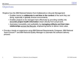 IBM Software


Objectives

Explore how the IBM Rational Solution from Collaborative Lifecycle Management:
       • Enables teams to collaborate in real time in the context of the work they are
         doing, especially in globally diverse environments.
       • Enables projects to be managed more effectively by providing visibility into
         accurate project health information drawn directly from actual work.
       • Automates traceability and auditability by managing artifacts and their inter-
         relationships across the lifecycle, empowering teams to deliver more value.

 Provide a hands on experience using IBM Rational Requirements Composer, IBM Rational
  Team Concert™ and IBM Rational Quality Manager to automate the software delivery
  process.




4              IBM Rational Solution f or Collaborative Lifecycle Management       © 2011 IBM Corporation
 
