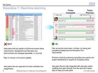 IBM Software


Imperative 1: Real-time planning
                                                                                                           Tasks                         Tasks
                                                                                                          Complete                      Planned




        Don’t                                                                             Do

    Have plans that live outside of ALM environment where                            Plan across the entire team, not silos, by linking and
    requirements, development and test plans are                                     populating development and test plans from
    disconnected and managed separately, or not at all.                              requirements.

    Rely on manual, error-prone updates.                                             Practice continuous planning using lifecycle queries and
                                                                                     project dashboards to respond to changing events.


    Have plans that are separate from team activities and                            Use plans that are fully integrated with execution where
    assignments.                                                                     updating time spent directly from the work item makes
8                    IBM Rational Solution f or Collaborative Lifecycle Management   easy to keep accurate plans.                © 2011 IBM Corporation
 