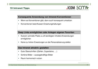 10 Intranet Tipps



                Konsequente Anwendung von Intranet-Konventionen
                     Wenn es Konventionen gibt, dann auch konsequent umsetzen
                     Konventionen beeinflussen Erwartungshaltungen



                Deep Links ermöglichen oder Anlegen eigener Favoriten
                     Nutzern schnelle Pfade zu oft benötigten Inhalten/Anwendungen
                     ermöglichen
                     Keine zu hohen Erwartungen an die Personalisierung stellen


                Das Intranet attraktiv gestalten
                     Gute Überschriften (Zahlen, Superlative, …)
                     Schöne Bilder – aussagekräftige Bilder
                     Raum harmonisch nutzen

                                                                                     www.scmonline.de
01 Das Intranet: Entwicklung und Weiterentwicklung                                                17
 
