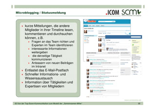 Microblogging / Statusmeldung



          kurze Mitteilungen, die andere
          Mitglieder in ihrer Timeline lesen,
          kommentieren und durchsuchen
          können, z.B.
                Fragen an das Team richten und
                Experten im Team identifizieren
                interessante Informationen
                weitergeben
                 die derzeitige Tätigkeit
                kommunizieren
                Anteasern von neuen Beiträgen
                im Intranet
          Entlastet das E-Mail-Postfach
          Schneller Informations- und
          Wissensaustausch
          Information über Tätigkeiten und
          Expertisen von Mitgliedern



                                                                       www.scmonline.de
02 Von der Top-Down-Kommunikation zum Modell der „Gemeinsamen Mitte“                32
 