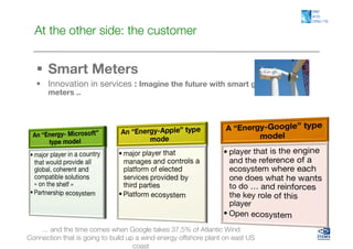 At the other side: the customer


     Smart Meters
     Innovation in services : Imagine the future with smart grids and smart
       meters ..




    … and the time comes when Google takes 37,5% of Atlantic Wind
Connection that is going to build up a wind energy offshore plant on east US
                                    coast
 