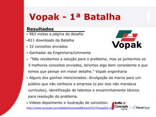 Vopak - 1ª Batalha
Resultados
   983 visitas a página do desafio
 811   downloads da Batalha
   32 conceitos enviados
   Ganhador da Engenharia/Unimonte
    ―Não recebemos a solução para o problema, mas se juntarmos os
    3 melhores conceitos enviados, teremos algo bem consistente e que
    temos que pensar em maior detalhe.‖ Vopak engenharia
   Alguns dos ganhos mencionados: divulgação da marca para um
    público que não conhecia a empresa (e por isso não mandava
    currículos), identificação de talentos e encaminhamento técnico
    para resolução do problema.
   Vídeos depoimento e ilustração de conceitos:
http://www.youtube.com/BattleofconceptsBR#p/a/f/2/THyka0K3-nI
 