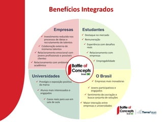 Benefícios Integrados

                   Empresas              Estudantes
                                          Destaque no mercado
          Investimento reduzido nos
           processos de ideias e          Remuneração
           recrutamento de talentos
                                           Experiência com desafios
       Colaboração externa de              reais
         inúmeros talentos
   Relacionamento emocional com              Relacionamento com
     jovens profissionais e possíveis          empresas
     clientes
                                                   Empregabilidade
 Relacionamento com ambiente
  acadêmico



 Universidades                                      O Brasil
     Prestígio e exposição positiva              Empresas mais inovadoras
      da marca
                                              Jovens participativos e
      Alunos mais interessados e               engajados
       engajados
                                            Sentimento de cocriação e
                                             busca conjunta de soluções
            Casos reais para uso em
             sala de aula                Maior interação entre
                                          empresas e universidades
 