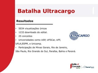 Batalha Ultracargo
    Resultados

•    5034 visualizações únicas
•    1233 downloads do edital.
•    25 conceitos
•    Universidades como USP, UFSCar, UFF,
UFLA,ESPM, e Unicamp.
•    Participação de Minas Gerais, Rio de Janeiro,
São Paulo, Rio Grande do Sul, Paraíba, Bahia e Paraná.
 