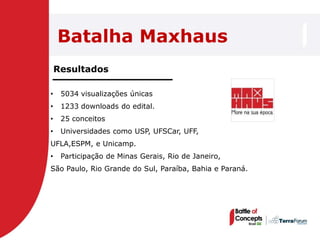Batalha Maxhaus
    Resultados

•    5034 visualizações únicas
•    1233 downloads do edital.
•    25 conceitos
•    Universidades como USP, UFSCar, UFF,
UFLA,ESPM, e Unicamp.
•    Participação de Minas Gerais, Rio de Janeiro,
São Paulo, Rio Grande do Sul, Paraíba, Bahia e Paraná.
 