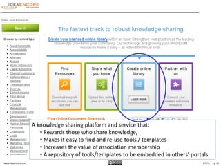 A knowledge sharing platform and service that:
                        • Rewards those who share knowledge,
                        • Makes it easy to find and re-use tools / templates
                        • Increases the value of association membership
                        • A repository of tools/templates to be embedded in others’ portals
www.IdeaEncore.com                                                                      1/5/11   p. 29
 