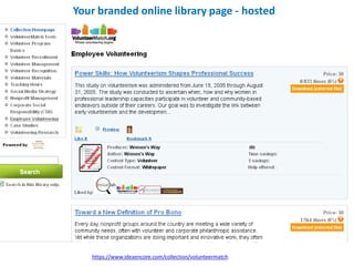 Your branded online library page - hosted




   https://www.ideaencore.com/collection/volunteermatch
 