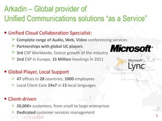 Arkadin – Global provider of
Unified Communications solutions “as a Service”
• Unified Cloud Collaboration Specialist:
   >   Complete range of Audio, Web, Video conferencing services
   >   Partnerships with global UC players
   >   3rd CSP Worldwide, fastest growth of the industry
   >   2nd CSP in Europe, 15 Million meetings in 2011

• Global Player, Local Support
   > 47 offices in 28 countries, 1000 employees
   > Local Client Care 24x7 in 15 local languages


• Client-driven
   > 20,000+ customers, from small to large enterprises
   > Dedicated customer services management
                                                                   3
 