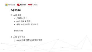 Agenda
1. ARO 소개
• 컨테이너란 ?
• ARO 소개 및 장점
• 용량 계산(사이징) 및 로드맵
Break Time
2. ARO 설치 데모
• Azure CLI를 통한 ARO 배포 데모
 