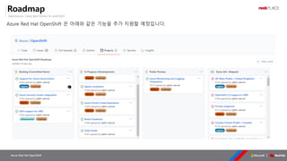 OpenSource, Cloud Best Partner & rockPLACE
Azure Red Hat OpenShift
Roadmap
Azure Red Hat OpenShift 은 아래와 같은 기능을 추가 지원할 예정입니다.
 