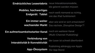 Eindrückliches Leseerlebnis neue Interaktionsmodelle,
                                     die gelernt werden müssen
           Mobiles, hochwertiges
                                     noch weiß niemand so richtig,
                Endgerät: Tablet
                                     wie das iPad funktioniert

                Ein immer weiter aber wie wird er sich entwickeln?
               wachsender Markt Das nächste „Disruptive Design”?

Ein aufmerksamkeitsstarker Kanal noch ein weiterer Kanal
                                     (Multi-Channel-Publishing)
                 Verbindung von
                                     der Leser ist schnell überfordert
    Interaktivität & Konnektivität
                                     Publishing abhängig von Apple
                 App-Ökosystem (für App Store)
 