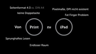 Seitenformat 4:3 vs. DIN A4
                                      Pixelmaße, DPI nicht existent
         keine Doppelseite
                                                Fat Finger Problem



      Von         Print          zu         iPad


Sprunghaftes Lesen

                  Endloser Raum
 