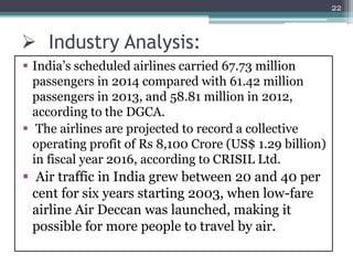  Industry Analysis:
 India’s scheduled airlines carried 67.73 million
passengers in 2014 compared with 61.42 million
passengers in 2013, and 58.81 million in 2012,
according to the DGCA.
 The airlines are projected to record a collective
operating profit of Rs 8,100 Crore (US$ 1.29 billion)
in fiscal year 2016, according to CRISIL Ltd.
 Air traffic in India grew between 20 and 40 per
cent for six years starting 2003, when low-fare
airline Air Deccan was launched, making it
possible for more people to travel by air.
22
 