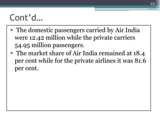 Cont’d…
 The domestic passengers carried by Air India
were 12.42 million while the private carriers
54.95 million passengers.
 The market share of Air India remained at 18.4
per cent while for the private airlines it was 81.6
per cent.
23
 