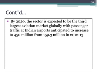 Cont’d…
 By 2020, the sector is expected to be the third
largest aviation market globally with passenger
traffic at Indian airports anticipated to increase
to 450 million from 159.3 million in 2012-13
30
 