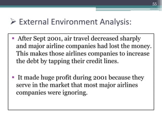  External Environment Analysis:
 After Sept 2001, air travel decreased sharply
and major airline companies had lost the money.
This makes those airlines companies to increase
the debt by tapping their credit lines.
 It made huge profit during 2001 because they
serve in the market that most major airlines
companies were ignoring.
55
 