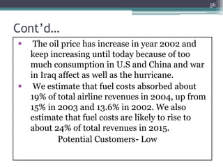 Cont’d…
 The oil price has increase in year 2002 and
keep increasing until today because of too
much consumption in U.S and China and war
in Iraq affect as well as the hurricane.
 We estimate that fuel costs absorbed about
19% of total airline revenues in 2004, up from
15% in 2003 and 13.6% in 2002. We also
estimate that fuel costs are likely to rise to
about 24% of total revenues in 2015.
Potential Customers- Low
56
 