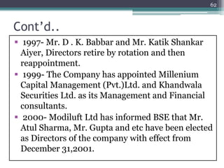 Cont’d..
62
 1997- Mr. D . K. Babbar and Mr. Katik Shankar
Aiyer, Directors retire by rotation and then
reappointment.
 1999- The Company has appointed Millenium
Capital Management (Pvt.)Ltd. and Khandwala
Securities Ltd. as its Management and Financial
consultants.
 2000- Modiluft Ltd has informed BSE that Mr.
Atul Sharma, Mr. Gupta and etc have been elected
as Directors of the company with effect from
December 31,2001.
 