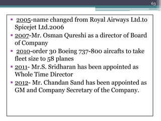  2005-name changed from Royal Airways Ltd.to
Spicejet Ltd.2006
 2007-Mr. Osman Qureshi as a director of Board
of Company
 2010-order 30 Boeing 737-800 aircafts to take
fleet size to 58 planes
 2011- Mr.S. Sridharan has been appointed as
Whole Time Director
 2012- Mr. Chandan Sand has been appointed as
GM and Company Secretary of the Company.
63
 