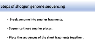 Steps of shotgun genome sequencing
• Break genome into smaller fragments.
• Sequence those smaller pieces.
• Piece the sequences of the short fragments together .
 