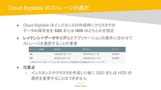 Cloud OnAir
● Cloud Bigtable はインスタンスの作成時にクラスタでの
データの保存先を SSD または HDD のどちらかを指定
● レイテンシやデータサイズなどアプリケーションの要件に合わせて
ストレージを選択することが重要
● 注意点
○ インスタンスやクラスタを作成した後に SSD または HDD の
選択を変更することはできません
Cloud Bigtable のストレージの選択
 