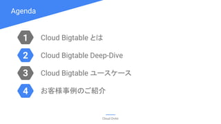 Agenda
Cloud OnAir
1
3
2
4
Cloud Bigtable とは
Cloud Bigtable Deep-Dive
Cloud Bigtable ユースケース
お客様事例のご紹介
 