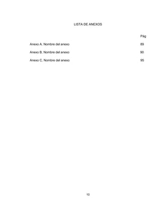 10
LISTA DE ANEXOS
Pág
Anexo A. Nombre del anexo 89
Anexo B. Nombre del anexo 90
Anexo C. Nombre del anexo 95
 