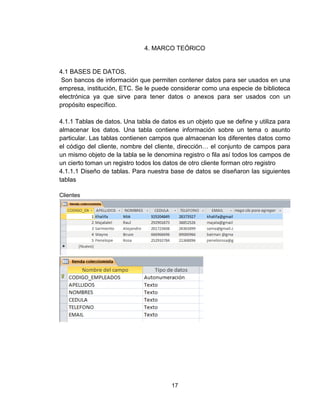 17
4. MARCO TEÓRICO
4.1 BASES DE DATOS.
Son bancos de información que permiten contener datos para ser usados en una
empresa, institución, ETC. Se le puede considerar como una especie de biblioteca
electrónica ya que sirve para tener datos o anexos para ser usados con un
propósito específico.
4.1.1 Tablas de datos. Una tabla de datos es un objeto que se define y utiliza para
almacenar los datos. Una tabla contiene información sobre un tema o asunto
particular. Las tablas contienen campos que almacenan los diferentes datos como
el código del cliente, nombre del cliente, dirección… el conjunto de campos para
un mismo objeto de la tabla se le denomina registro o fila así todos los campos de
un cierto toman un registro todos los datos de otro cliente forman otro registro
4.1.1.1 Diseño de tablas. Para nuestra base de datos se diseñaron las siguientes
tablas
Clientes
 