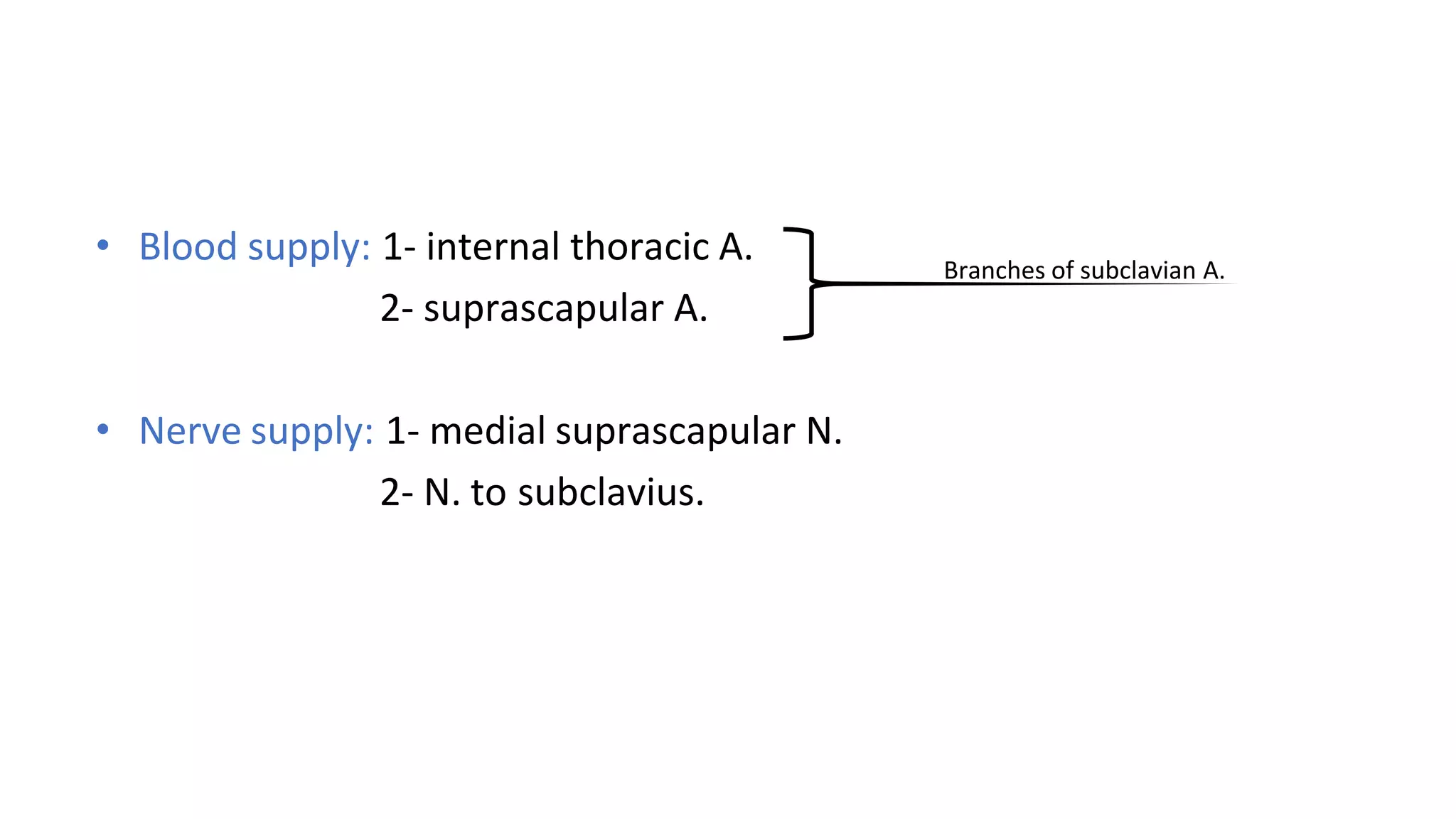 • Blood supply: 1- internal thoracic A.
2- suprascapular A.
• Nerve supply: 1- medial suprascapular N.
2- N. to subclavius.
Branches of subclavian A.
 