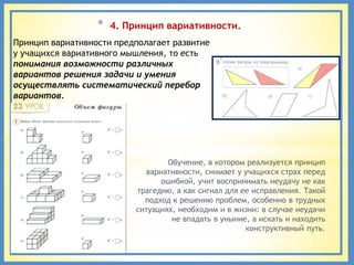 *   4. Принцип вариативности.
Принцип вариативности предполагает развитие
у учащихся вариативного мышления, то есть
понимания возможности различных
вариантов решения задачи и умения
осуществлять систематический перебор
вариантов.




                                  Обучение, в котором реализуется принцип
                            вариативности, снимает у учащихся страх перед
                                ошибкой, учит воспринимать неудачу не как
                          трагедию, а как сигнал для ее исправления. Такой
                            подход к решению проблем, особенно в трудных
                          ситуациях, необходим и в жизни: в случае неудачи
                                   не впадать в уныние, а искать и находить
                                                      конструктивный путь.
 