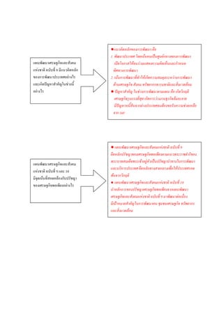 ●แนวคิดหลักของการพัฒนา คือ
                                  1. พัฒนาประเทศ โดยเน้นคนเป็นศูนย์กลางของการพัฒนา
แผนพัฒนาเศรษฐกิจและสังคม             เปิดโอกาสให้คนร่วมแสดงความคิดเห็นและกาหนด
แห่งชาติ ฉบับที่ 8 มีแนวคิดหลัก     ทิศทางการพัฒนา
ของการพัฒนาประเทศอย่างไร          2. เน้นการพัฒนาที่ทาให้เกิดความสมดุลระหว่างการพัฒนา
และเกิดปัญหาสาคัญในช่วงนี้          ด้านเศรษฐกิจ สังคม ทรัพยากรธรรมชาติและสิ่งแวดล้อม
อย่างไร                           ● ปัญหาสาคัญ ในช่วงการพัฒนาตามแผน คือ เกิดวิกฤติ
                                     เศรษฐกิจรุนแรงที่สุด เกิดการว่างงานธุรกิจล้มละลาย
                                     มีปัญหาหนี้สินจากต่างประเทศจนต้องขอรับความช่วยเหลือ
                                    จาก IMF




                                  ● แผนพัฒนาเศรษฐกิจและสังคมแห่งชาติ ฉบับที่ 9
                                  ยึดหลักปรัชญาของเศรษฐกิจพอเพียงตามแนวพระราชดาริของ
                                  พระบาทสมเด็จพระเจ้าอยู่หัวเป็นปรัชญานาทางในการพัฒนา
แผนพัฒนาเศรษฐกิจและสังคม
                                  และบริหารประเทศ ยึดหลักทางสายกลางเพื่อให้ประเทศรอด
แห่งชาติ ฉบับที่ 9 และ 10
                                  พ้นจากวิกฤติ
มีจุดเน้นที่สอดคล้องกับปรัชญา
                                  ● แผนพัฒนาเศรษฐกิจและสังคมแห่งชาติ ฉบับที่ 10
ของเศรษฐกิจพอเพียงอย่างไร
                                  นาหลักการของปรัชญาเศรษฐกิจพอเพียงจากแผนพัฒนา
                                  เศรษฐกิจและสังคมแห่งชาติ ฉบับที่ 9 มาพัฒนาต่อเนื่อง
                                  มีเป้าหมายสาคัญในการพัฒนาคน ชุมชนเศรษฐกิจ ทรัพยากร
                                  และสิ่งแวดล้อม
 