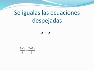 Se igualas las ecuaciones
despejadas
𝑥 = 𝑥
3−𝑌
2
=
2−2𝑌
3