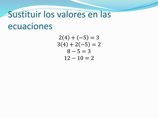 Sustituir los valores en las
ecuaciones
2 4 + −5 = 3
3 4 + 2 −5 = 2
8 − 5 = 3
12 − 10 = 2