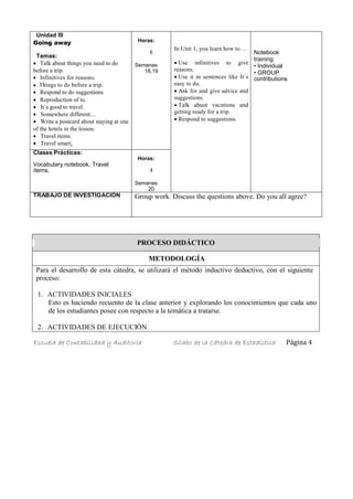 Unidad III
Going away
Temas:
 Talk about things you need to do
before a trip.
 Infinitives for reasons.
 Things to do before a trip.
 Respond to do suggestions
 Reproduction of to.
It´s good to travel.
Somewhere different…
Write a postcard about staying at one
of the hotels in the lesson.
Travel items.
Travel smart¡
Horas:
8
Semanas
18,19
In Unit 1, you learn how to…
Use infinitives to give
reasons.
Use it in sentences like It´s
easy to do.
Ask for and give advice and
suggestions.
Talk abuot vacations and
getting ready for a trip.
Respond to suggestions.
Notebook
training
• Individual
• GROUP
contributions
Clases Prácticas:
Vocabulary notebook. Travel
ítems.
Horas:
4
Semanas
20
TRABAJO DE INVESTIGACIÓN Group work. Discuss the questions above. Do you all agree?
PROCESO DIDÁCTICO
METODOLOGÍA
Para el desarrollo de esta cátedra, se utilizará el método inductivo deductivo, con el siguiente
proceso:
1. ACTIVIDADES INICIALES
Esto es haciendo recuento de la clase anterior y explorando los conocimientos que cada uno
de los estudiantes posee con respecto a la temática a tratarse.
2. ACTIVIDADES DE EJECUCIÓN
Escuela de Contabilidad y Auditoría Sílabo de la Cátedra de Estadística Página 4
 