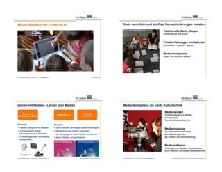 Neue Medien im Unterricht                                                                                                                    Werte vermitteln und künftige Herausforderungen meistern

                                                                                                                                                                                                                   Traditionelle Werte pflegen
                                                                                                                                                                                                                   Gemeinschaft und Kultur


                                                                                                                                                                                                                   Primärerfahrungen ermöglichen
                                                                                                                                                                                                                   schmecken – riechen – spüren


                                                                                                                                                                                                                   Medienkompetenz
                                                                                                                                                                                                                   Leben mit und ohne Medien




Ernst Schmidheiny Stiftung – Symposium 2011 – juerg.fraefel@phzh.ch                                                    Foto: Silvie Spiess




Lernen mit Medien – Lernen über Medien                                                                                                       Medienkompetenz als vierte Kulturtechnik

                                                                                                                                                                                                                    Medienwissen
       Medien als                                                                                   Informatik-
                                                                         Medienbildung                                                                                                                              Funktionsweise von Medien
   didaktisches Mittel                                                                               unterricht
                                                                                                                                                                                                                    Urheberrecht
                                                                                                                                                                                                                    Persönlichkeitsschutz etc.
 Beispiele                                                            Beispiele
 •  Wissen aneignen mit Medien                                        •  durch Medien vermittelte Ideale hinterfragen                                                                                               Mediennutzung
 •  in kooperativer Arbeit                                            •  Medienprodukte kritisch beurteilen                                                                                                         als Informationsinstrument
    Medienprodukte entwickeln                                         •  den Umgang mit Social Media analysieren                                                                                                    als Gestaltungsmittel
 •  Projektergebnisse multimedial                                     •  einen Roboter programmieren                                                                                                                als Arbeits- und Denkwerkzeug
    präsentieren

                                                                                                                                                                                                                    Medienreflexion
                                                                                                                                                                                                                    Wirkungen von Medien durchschauen
                                                                                                                                                                                                                    durch Medien vermittelte Werte erkennen


Ernst Schmidheiny Stiftung – Symposium 2011 – juerg.fraefel@phzh.ch                              www.medienbildung.ch | www.swisseduc.ch     Ernst Schmidheiny Stiftung – Symposium 2011 – juerg.fraefel@phzh.ch          Dossier Medienkompetenz (2008) | www.medienbildung.ch | |www.mewiko.ch
 