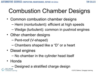 ? 2012 Delmar, Cengage Learning? 2012 Delmar, Cengage Learning
Combustion Chamber Designs
? Common combustion chamber designs
C Hemi (nonturbulent): efficient at high speeds
C Wedge (turbulent): common in pushrod engines
? Other chamber designs
C Pent-roof (V-shaped)
C Chambers shaped like a D or a heart
? Diesel engines
C No chamber in the cylinder head itself
? Honda
C Designed a stratified charge design
 